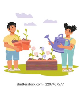 Children working in spring garden and caring of flowers in beds. Spring banner or poster with boy and girl kids planting and gardening, flat cartoon vector illustration isolated on white background.