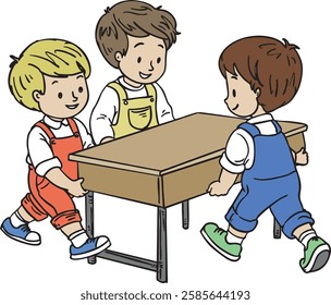 Children Working Together to Move a Table - Teamwork and Cooperation Illustration