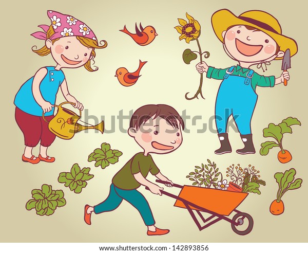 Children Working Vegetable Garden Children Summer Stock Vector Royalty Free 142893856