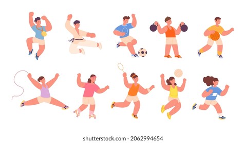 Children workout. Kid sport, wellness and physical health. Child fitness athlete. Isolated cartoon kids wear athletic suits and doing exercises utter vector set