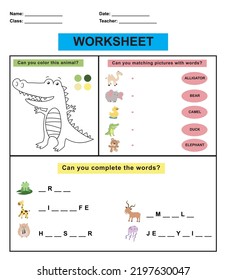 Children Worksheet Animal Theme Educational Activity Stock Vector ...