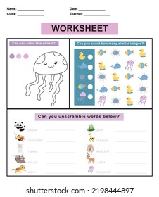 Children worksheet with animal theme. Educational activity sheet for preschool kids. Coloring, counting and write animal names. Vector illustration.
