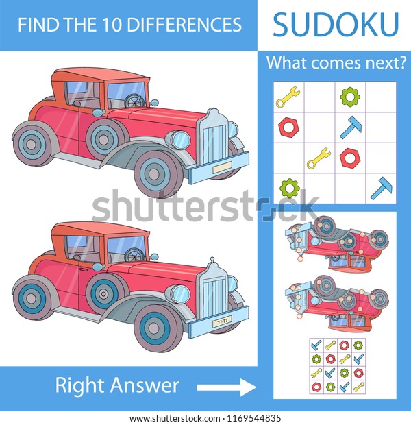 Children worksheets. Difference and\
mathematical game. Find the difference in the drawings of retro\
car. Sudoku for kids. Children riddle entertainment. Game tasks for\
attention. Vector\
illustration.