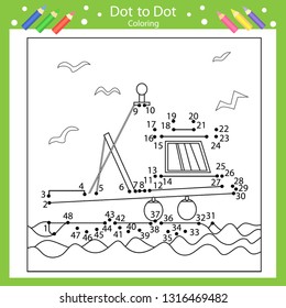 Children worksheets. Dot to dots connect drawing. Coloring page for book. Drawing worksheets with a sea ship. Funny picture riddle. Drawing lesson. Activity art game for book. Vector illustration.
