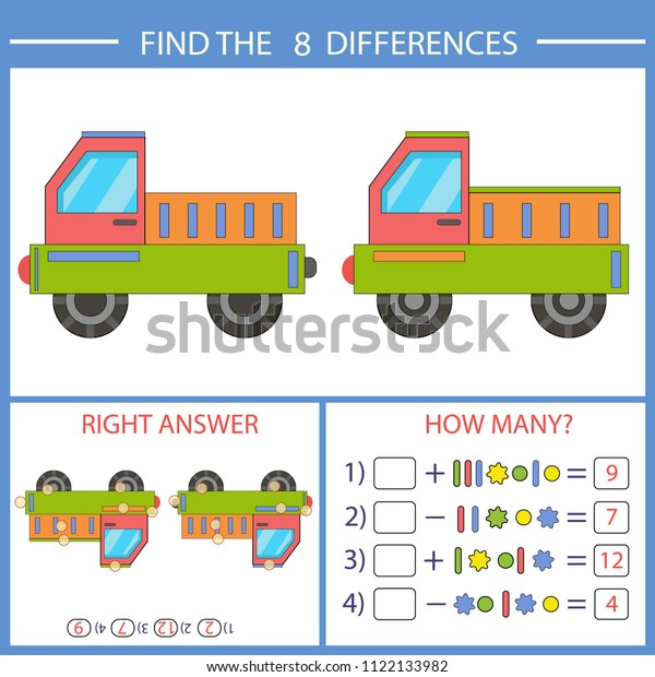 Children worksheets with mathematical game.\
Find the difference in the drawings with truck cars. Sudoku for\
kids. Children riddle entertainment. Game tasks for attention.\
Vector illustration.
