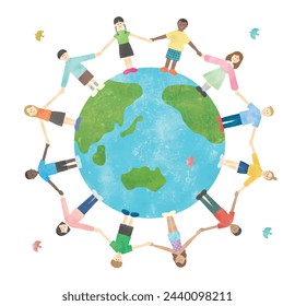 The children of the world holding hands in a circle and the earth