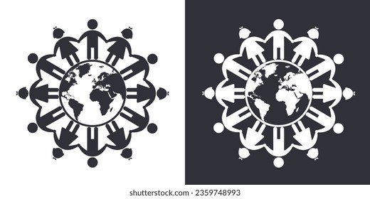 Children of the world icon, black silhouette on white. Boys and girls standing together around the Earth. Vector stencil shape for baby protection and care concept, World children's day design.