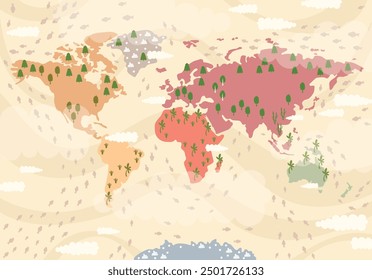 Children world map with continents and oceans,plants.Vector flat illustration.Nursery print with hand draw style.Global geography.Yellow, orange, red,green and blue.