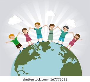 children world over sky background  vector illustration