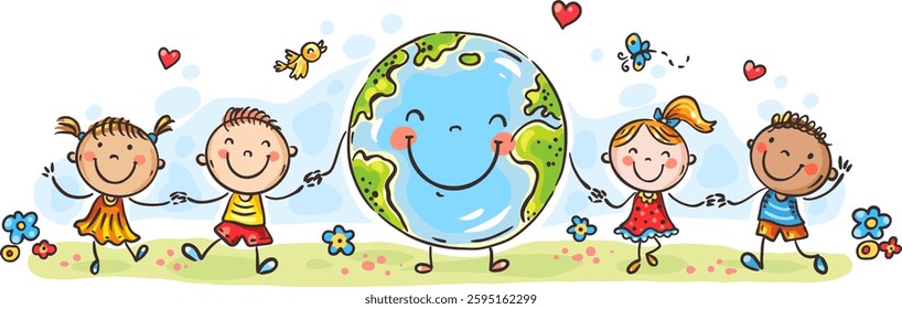 Children world peace, happy ethnic kids, cartoon boys and girls holding hands, earth symbol