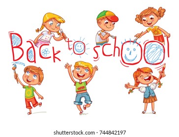 Children write a large inscription "Back to school". Funny cartoon character. Vector illustration. Isolated on white background