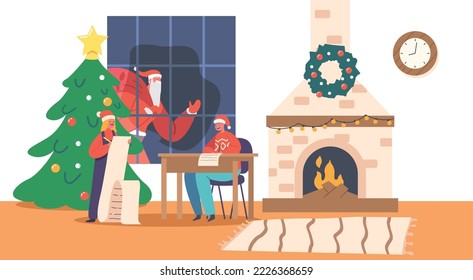 Children Write Letter to Santa Claus. Little Sister and Brother Characters Wear Red Hat Writing Wish List in Large Room with Fire Place and Decorated Christmas Tree. Cartoon People Vector Illustration
