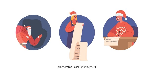 Los niños escriben cartas a Santa Claus con iconos redondos aislados o avatares. Los personajes de niñito y niña usan sombreros rojos escribiendo lista de deseos en la noche de Navidad para el padre Noel. Ilustración del vector de dibujos animados