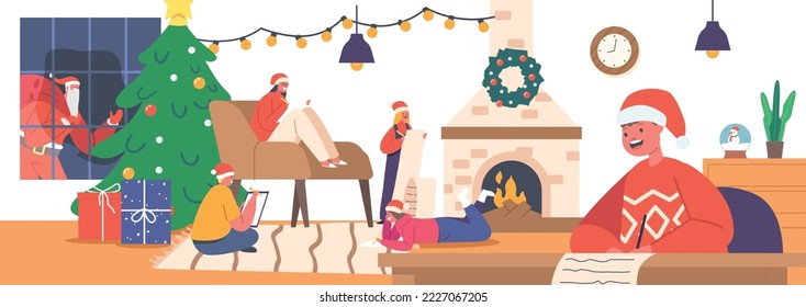 Children Write Letter to Santa Claus. Little Boys and Girls Characters Wear Red Hats Writing Wish List in Large Room with Fire Place and Decorated Christmas Tree. Cartoon People Vector Illustration