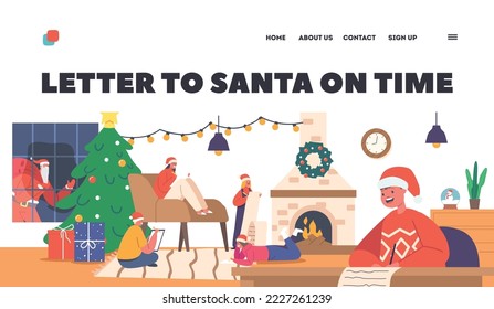 Children Write Letter to Santa Landing Page Template. Little Boys and Girls Characters Writing Wish List in Large Room with Fire Place and Decorated Christmas Tree. Cartoon People Vector Illustration