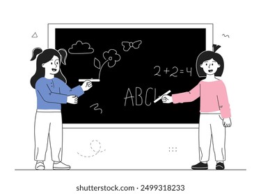 Children write on chalkboard. Girls with crayons write mathematical equations and draw. Education and training, lesson at school. Development of childrens creative skills. Linear vector illustration