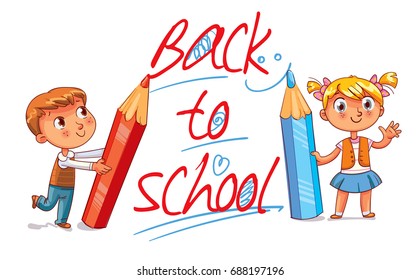 As crianças escrevem na parede com lápis grandes. As crianças escrevem letras grandes. A inscrição “Back to School “. Caráter engraçado de desenho animado. Ilustração vetorial. Isolado em fundo branco