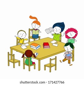 Children write and read, sitting at the table.