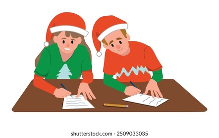 children writing letters to Santa Claus, vector illustration on white background.