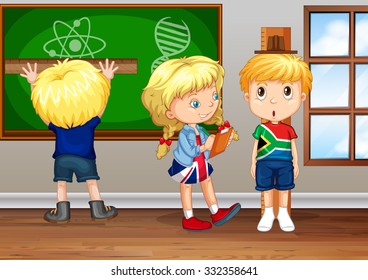 Children writing on board in classroom illustration