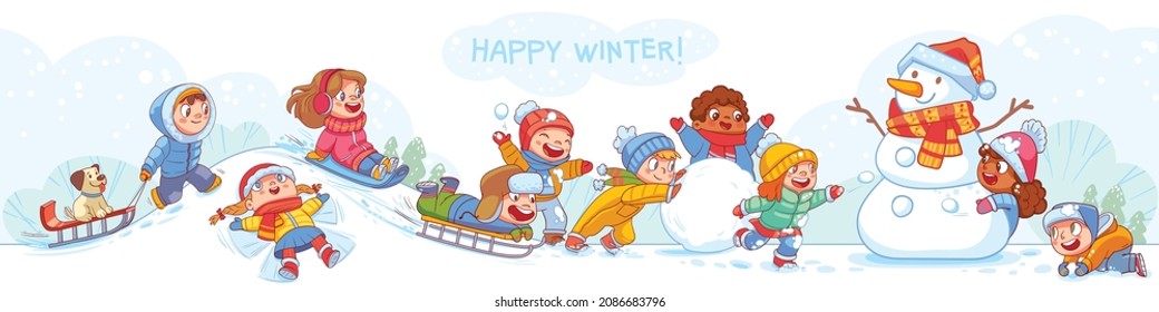 Children in the yard are playing snowballs and sledding from a snow slide. Kids playing in winter outdoors. Colorful cartoon characters. Isolated on white background. Seamless panorama