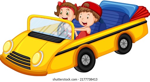 Children in yellow vintage convertible car illustration