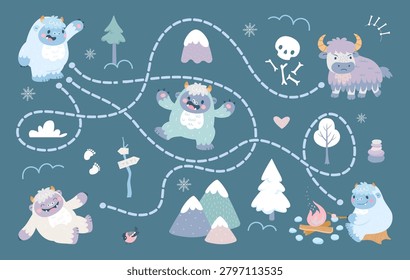 Children yeti maze game. Help yeti find friends. Childish development game, colorful cartoon entertainment with funny characters, nowaday vector template