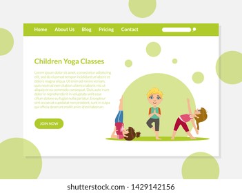 Children Yoga Classes Banners Template, Boys and Girls Practicing Asana Poses, Kids Yoga Advertising Landing Pages Vector Illustration