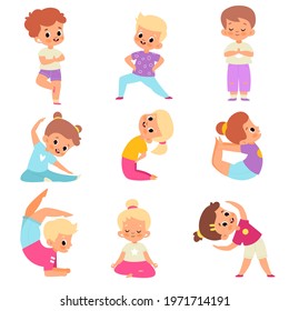 Children yoga. Cute kids yoga poses collection, happy flexible boys and girls in lotus meditation position, asana and balance, inner harmony healthy lifestyle. Vector cartoon isolated set