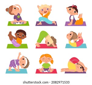 Children yoga. Funny boys and girl in different poses, sportive kids, training and stretching, healthy lifestyle, harmony healthy lifestyle, vector cartoon flat style