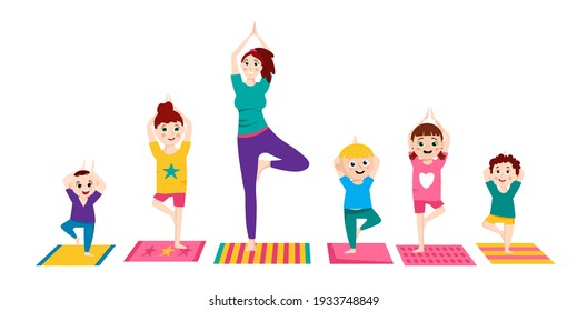 Children yoga group. Family making exercises. Sport for kids. Healthcare, fitness workout, kindergarten concept. Editable vector illustration in a flat cartoon style isolated on white background