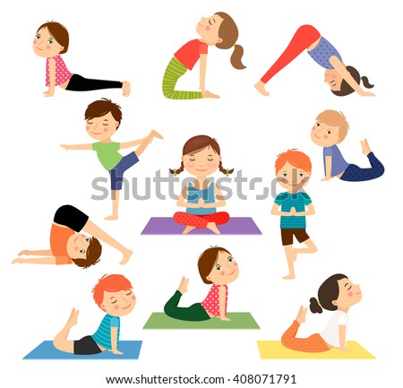 Children yoga. Kids doing yoga in different yoga poses. Vector illustration