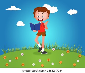 the children  of young boy are on red T-shirt standing on the green hill have flower for back to school vector design