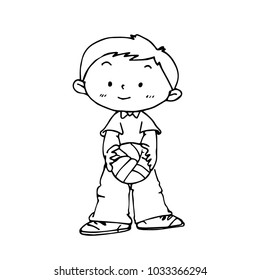 children of young boy standing and holding football with him hand on vector drawing outline design