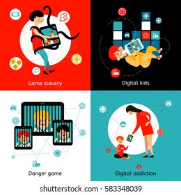 Children and youth internet games addiction danger 4 flat icons square poster mails abstract isolated vector illustration