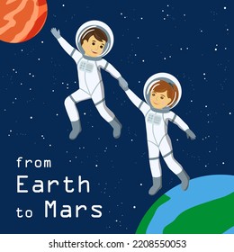 Children In Zero Gravity Travel From Earth To Mars In Space Suits.  Copy Space.