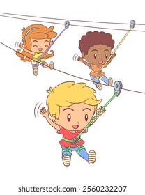 Children ziplining tour, hand drawn, vector illustration