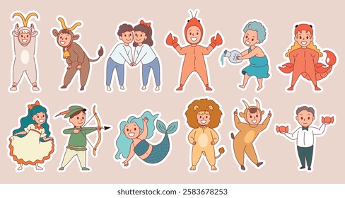 Children zodiac signs. Cute kids horoscope, funny astrology for babies, little aries, taurus, gemini, cancer, leo and virgo, astrological costumes cartoon flat isolated drawing vector set