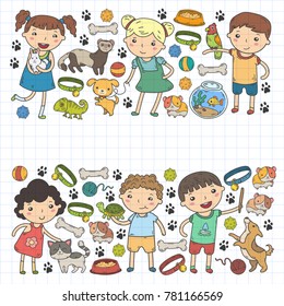 Children zoo Pet shop Veterinary Kindergarten kids with dog, hamster, cat Animals and food and accessories