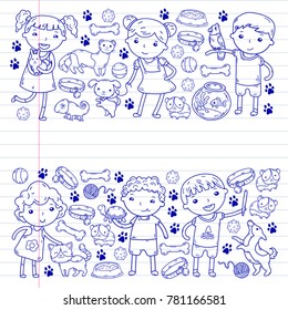 Children zoo Pet shop Veterinary Kindergarten kids with dog, hamster, cat Animals and food and accessories