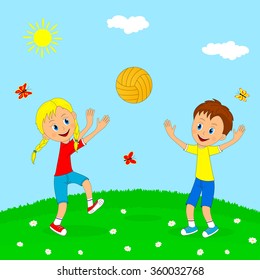 children,boy and girl play volleyball,illustration,vector