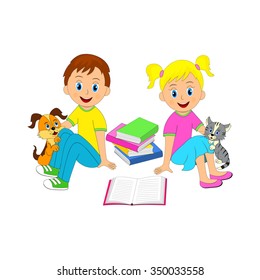 children,boy,girl, cat and dog with book, illustration, vector