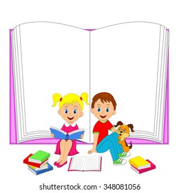 children,boy,girl and dog with book, illustration, vector