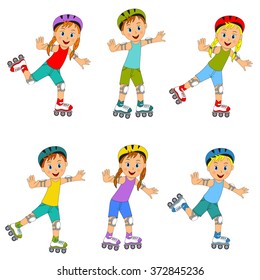 children,boys and girls on roller skates collection on a white background,illustration,vector