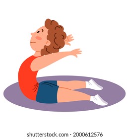 Childrenes sports gymnastics. The boy is standing in the snake pose. Exercises for the back.