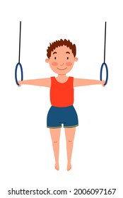 Gimnasia deportiva infantil. Ejercicio sobre los anillos. El chico está comprometido con la acrobacia.