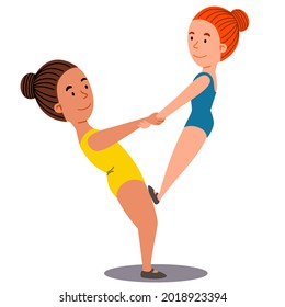 Childrenes sports gymnastics. The girl holds her hands while standing on the feet of a classmate.