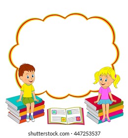 children,girl and boy sit on the book and frame, illustration, vector