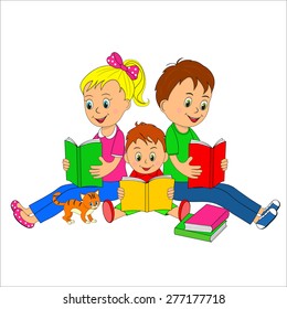 children,girl and boys read the book , illustration, vector