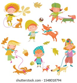 Children\kids playing and having fun outside. Autumn theme, falling leaves, acorns and chestnuts. Stylish children’s clothes. Funny tame dogs with work carriers. A warm color palette. 